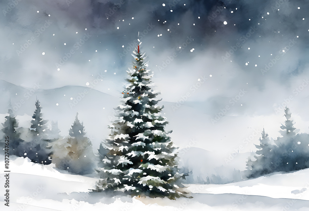 Obraz premium A snow-covered evergreen tree stands in a winter forest, with softly falling snowflakes and a serene, misty background.