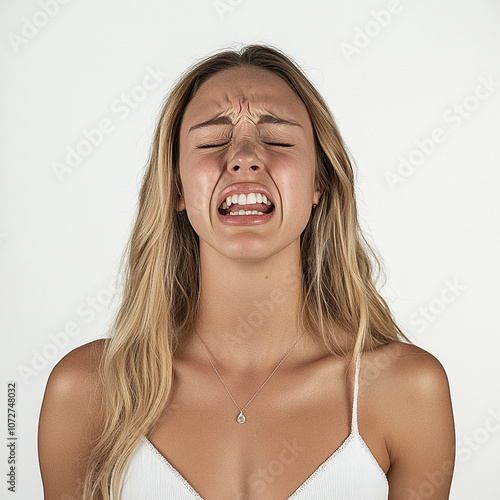  headshot photo, beautiful and gorgeous caucasian sorority member with her eyes closed, seemingly frustrated about someone or something  photo