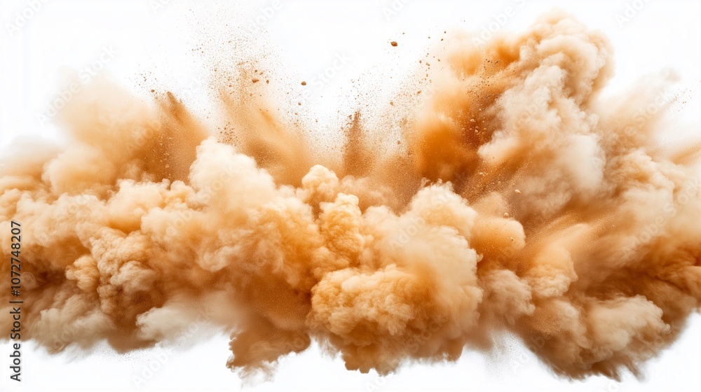 An explosion of brown dust and debris against a white background, creating a cloud-like effect. An explosion of brown dust and debris against a white background, creating a cloud-like effect.