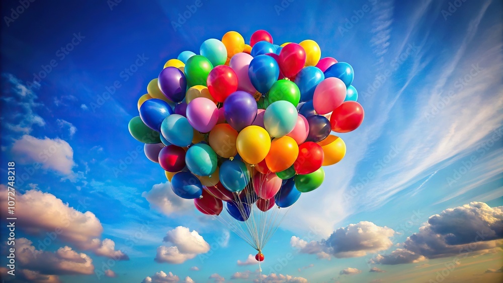 Colorful balloon cluster floating in mid air with gentle motion, balloons, vibrant hues Colorful balloon cluster floating in mid air with gentle motion, balloons, vibrant hues