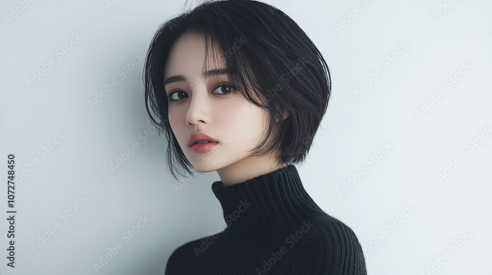 A short haired woman wearing a black sweater A short haired woman wearing a black sweater