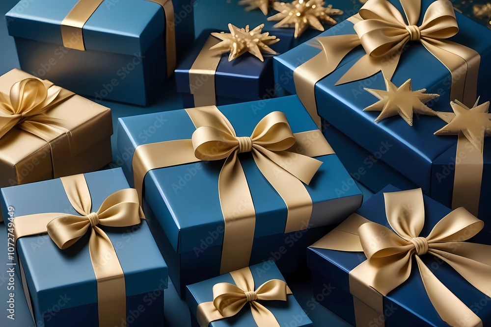 Blue gift box with elegant gold ribbon, perfect for luxury celebrations and events Blue gift box with elegant gold ribbon, perfect for luxury celebrations and events