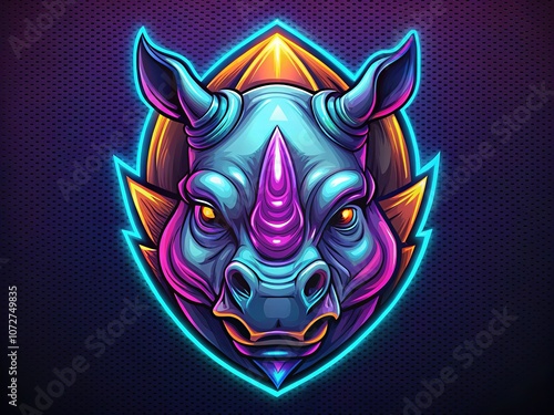 Epic Rhinoceros Mascot Sports Team Logo T-Shirt Design, Tattoo Style, Neon Colors photo