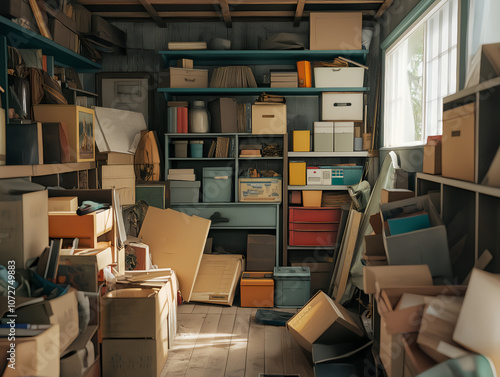 a cluttered storage room filled with open shelves holding various boxes made of cardboard and plastic, scattered unevenly