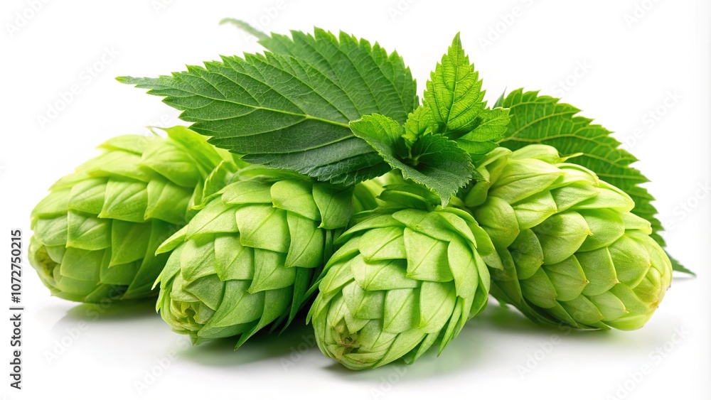 Fresh Hops, Architectural Photography, Isolated, Green Cones, Leaves, White Background, Modern Design Fresh Hops, Architectural Photography, Isolated, Green Cones, Leaves, White Background, Modern Design