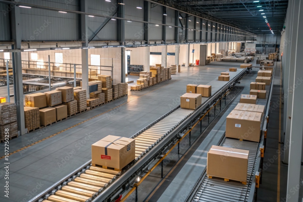 Efficient conveyor system transporting packages in a spacious warehouse during daylight hours