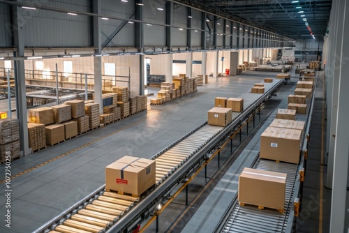 Obraz na płótnie Efficient conveyor system transporting packages in a spacious warehouse during daylight hours w salonie