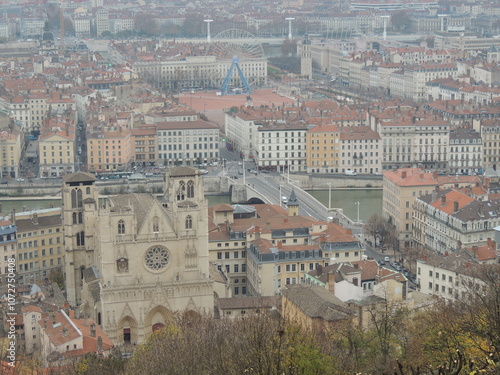 Panorama of Lyon in a foggy day photo