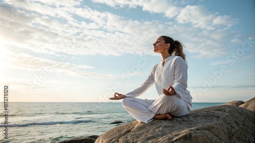 woman meditating on the beach