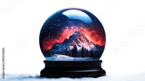 A stunning snow globe with a mountain scene under a starry night sky. photo