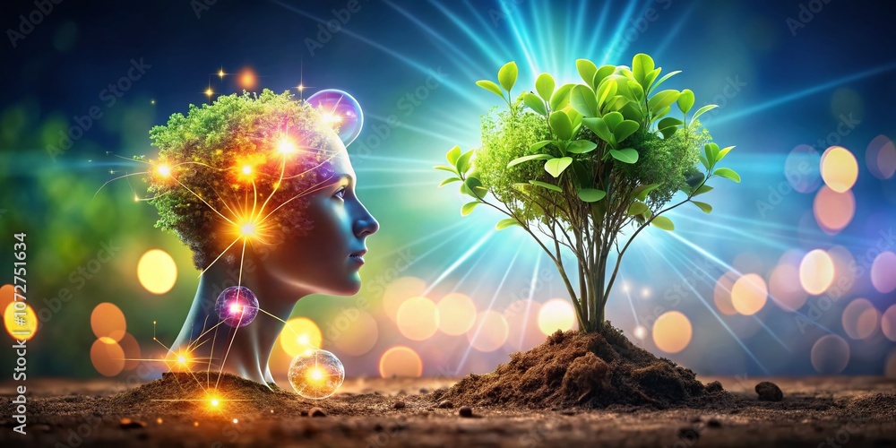 Growth of Positive Ideas: A Creative Mind with Sprouting Plants and Glowing Orbs on Fertile Ground for Inspiring New Thoughts and Ideas Growth of Positive Ideas: A Creative Mind with Sprouting Plants and Glowing Orbs on Fertile Ground for Inspiring New Thoughts and Ideas
