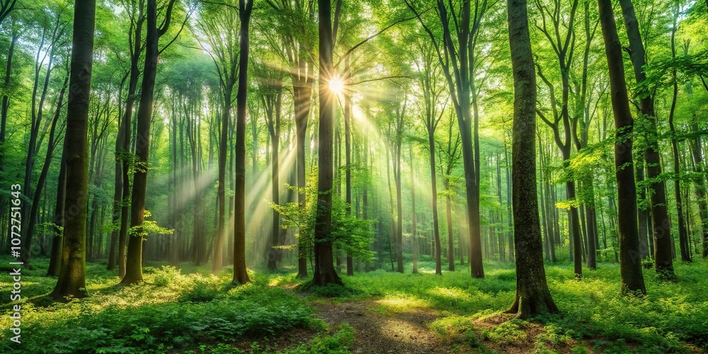 Fototapeta premium Dense forest with tall trees and dappled sunlight filtering through leaves, foliage, woodland