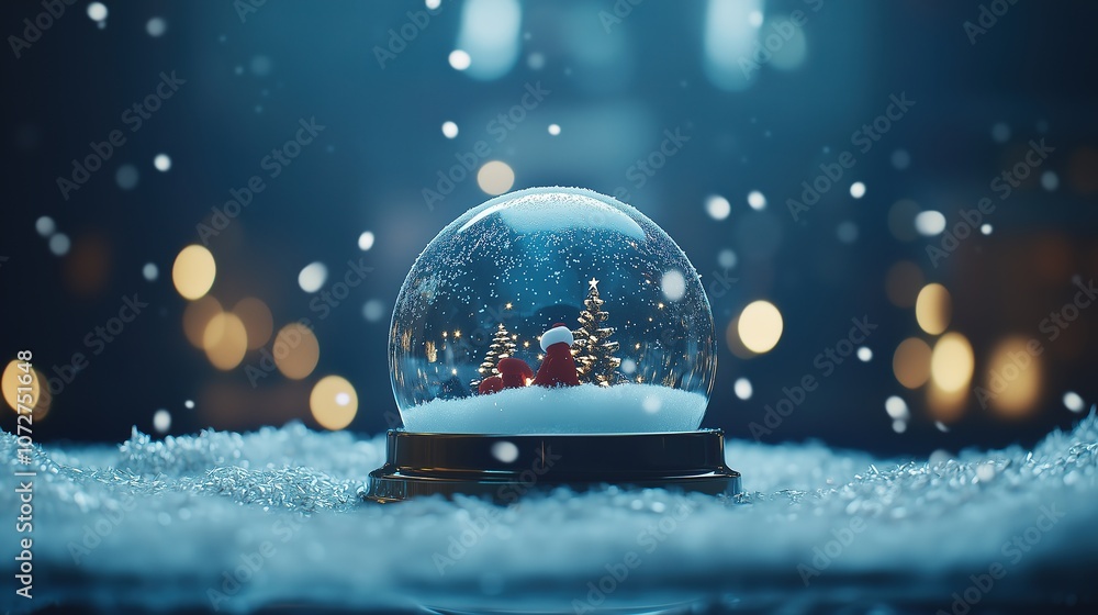 A festive Christmas snow globe with falling snow and warm bokeh lights. A festive Christmas snow globe with falling snow and warm bokeh lights.