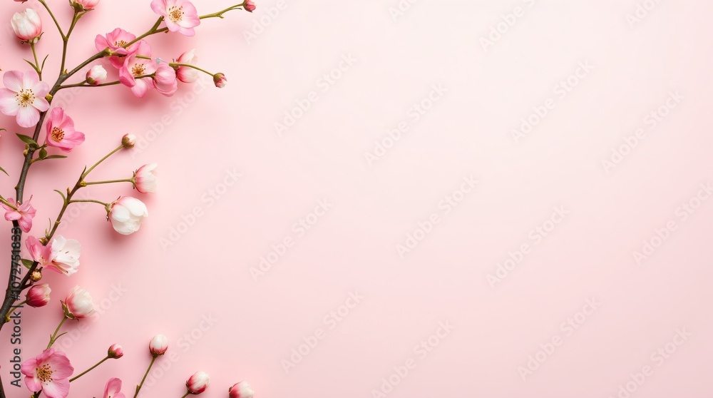 Fototapeta premium Banner with cherry flowers on pastel pink background. Greeting card template for wedding, Mothers Day or Woman's Day. Springtime composition with copy space. Flat lay, top view