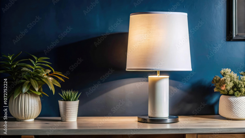 Minimalist white blank lamp template on blue wall background.Interior layout lamp shade mockup. Image perfect for home decor or interior design. Minimalist white blank lamp template on blue wall background.Interior layout lamp shade mockup. Image perfect for home decor or interior design.