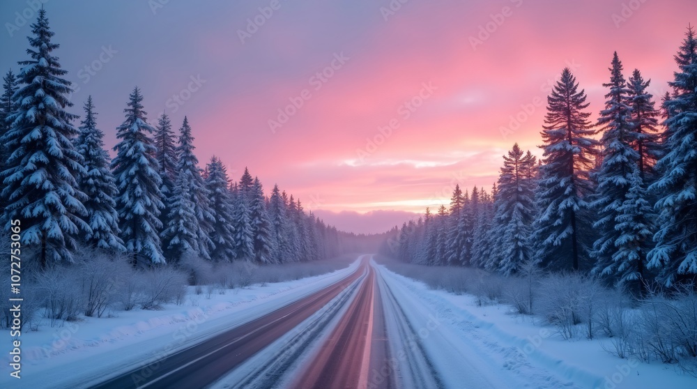 Banner with winter panorama landscape. Forest, trees and road covered snow. Sunrise, winterly morning of a new day. Purple landscape with sunset. Happy New Year and Christmas. Travel and tourism Banner with winter panorama landscape. Forest, trees and road covered snow. Sunrise, winterly morning of a new day. Purple landscape with sunset. Happy New Year and Christmas. Travel and tourism