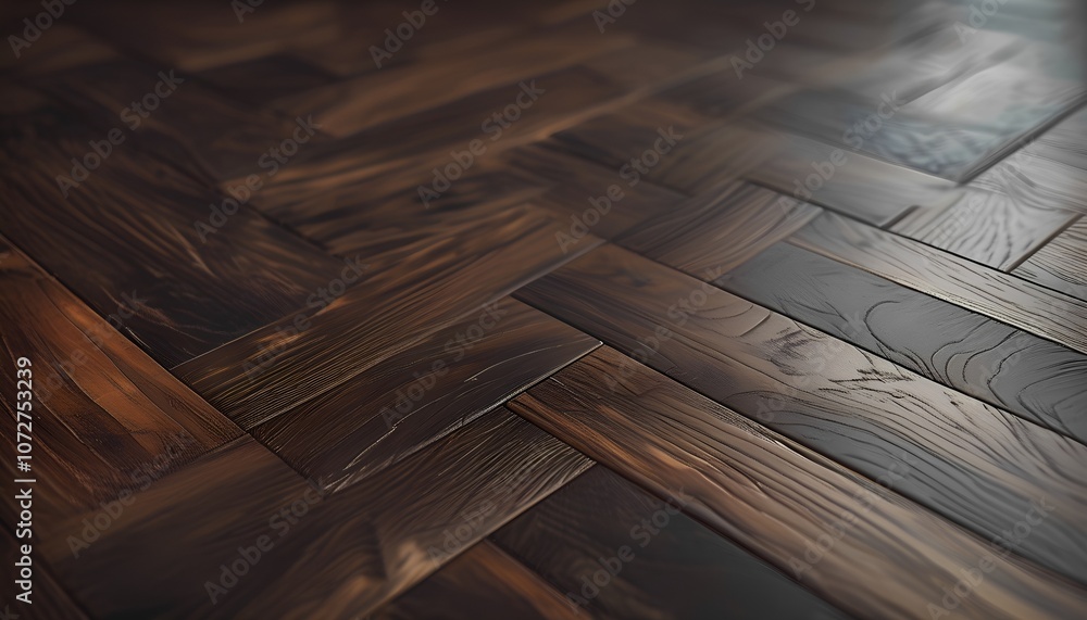 A close-up image of a beautifully crafted herringbone wood floor, showcasing the intricate pattern of the planks and the rich, dark tones of the wood. The image highlights the unique texture . A close-up image of a beautifully crafted herringbone wood floor, showcasing the intricate pattern of the planks and the rich, dark tones of the wood. The image highlights the unique texture .