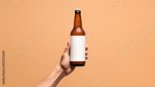 Hand holding a beer bottle with a blank label on a peach background