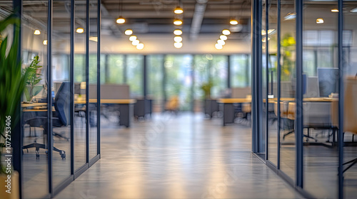 Beautiful blurred background of a modern office with glass walls.