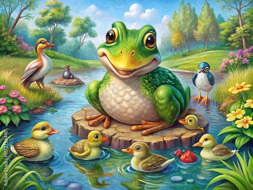 Hand Drawn Portrait of a Charming Frog and Playful Ducks in a Natural Setting, Perfect for Illustrations, Children's Books, and Nature-Themed Artwork photo