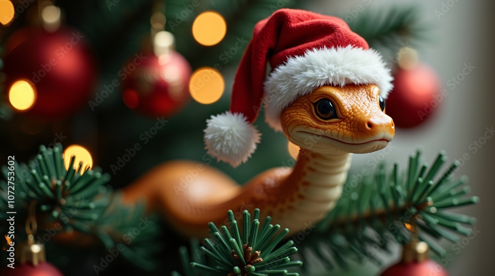Snake in red santa hat sitting on Christmas tree on blurred background. Cute animal character, zodiac sign. Symbol of Chinese New Year 2025. Exotic animal Snake in red santa hat sitting on Christmas tree on blurred background. Cute animal character, zodiac sign. Symbol of Chinese New Year 2025. Exotic animal