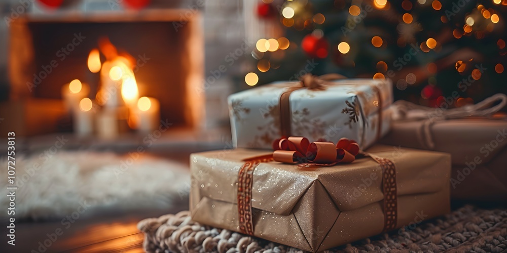 gift under a Christmas tree against the background of the fireplace gift under a Christmas tree against the background of the fireplace