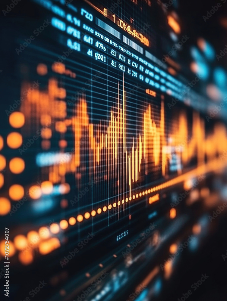 Stock market data. Table of digital data displayed on large screen with lights and blurred background Stock market data. Table of digital data displayed on large screen with lights and blurred background