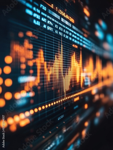 Stock market data. Table of digital data displayed on large screen with lights and blurred background