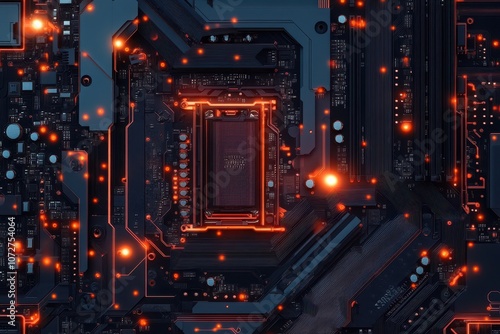 Detailed Motherboard with Glowing Connections and Circuits