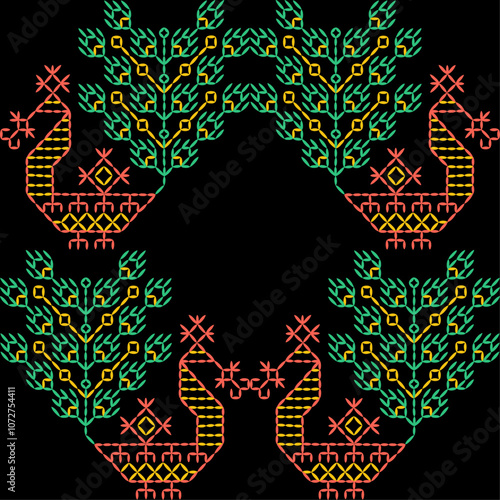 India stitch Kasuti embroidery fabric pattern needle work seamless geometric abstract culture decorative hand drawn tribal asian template printed colorful line artwork black background quilt wallpaper