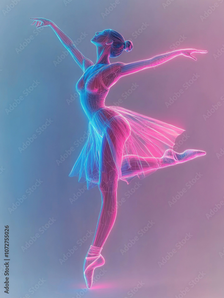 Obraz premium 3D images of women dancing displayed by colorful neon lights and glowing holographic projections