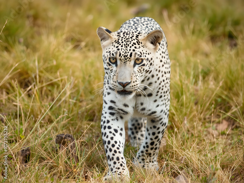 white leopard in the savannah grasslands