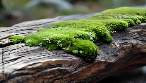 A vibrant patch of moss thrives on a weathered wooden surface, its lush green color contrasting beautifully with the wood's natural texture. The intricate details of the moss and the wood create a cap