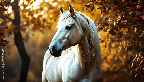 A stunning white horse stands gracefully amidst a backdrop of golden autumn leaves. The horse's elegant features and flowing mane are beautifully captured in this captivating image. Generative AI photo