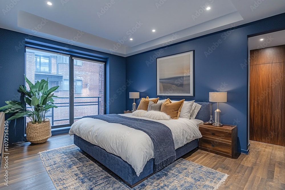 Bedroom in deep blue tones, decorated to promote sleep. Bedroom in deep blue tones, decorated to promote sleep.