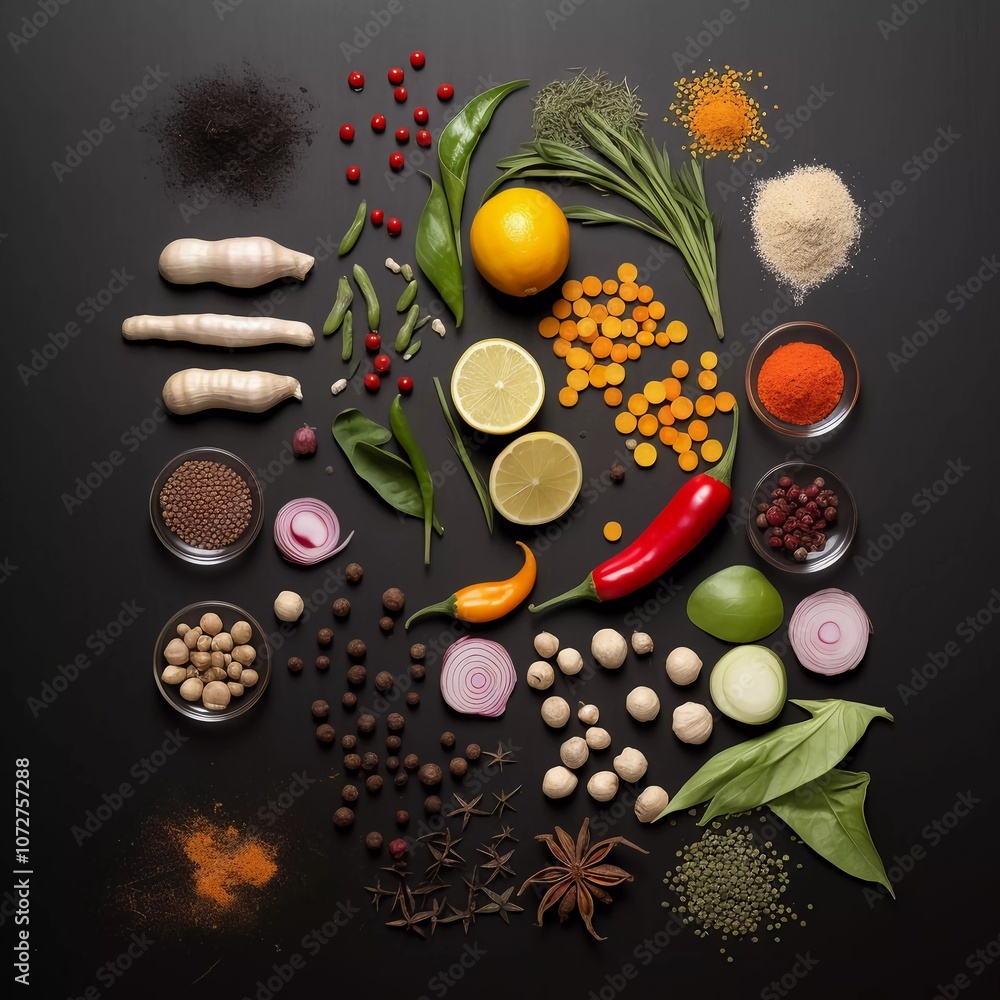 A vibrant arrangement of spices, herbs, and citrus fruits for culinary inspiration. A vibrant arrangement of spices, herbs, and citrus fruits for culinary inspiration.