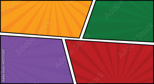 comic book frame panel colorful background with spiral rays and halftone dots
