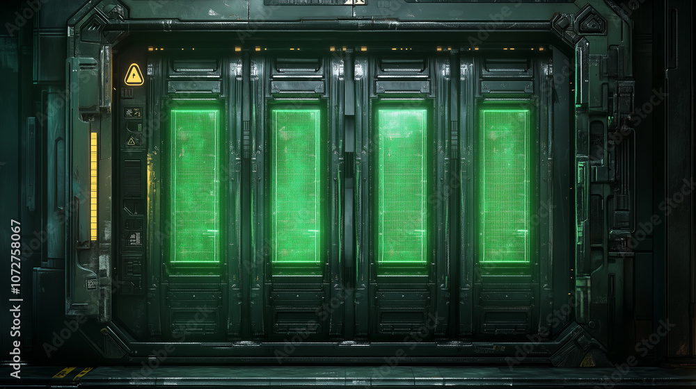 Futuristic sci-fi door with green illuminated panels, intricate metallic textures, and cyberpunk aesthetic Futuristic sci-fi door with green illuminated panels, intricate metallic textures, and cyberpunk aesthetic