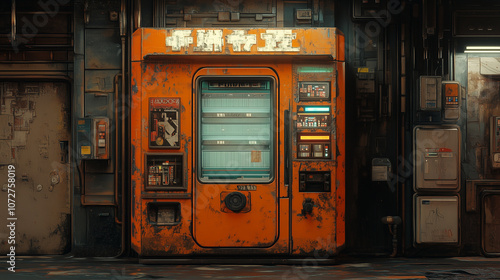 Retro Futuristic Vending Machine in Industrial Alley Rusty orange vending machine in a gritty, industrial alleyway, cyberpunk style photo