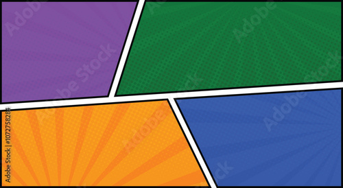 comic book frame panel colorful background with spiral rays and halftone dots