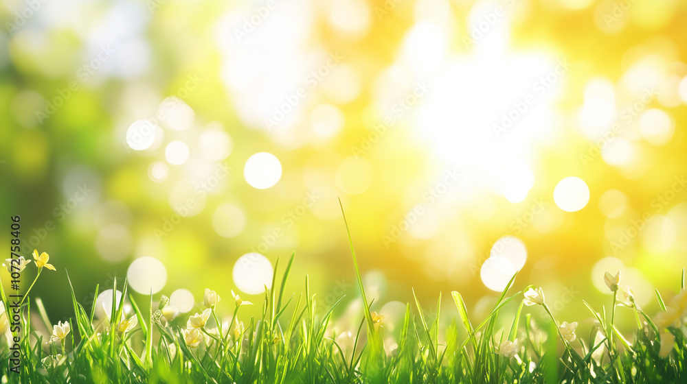 Obraz premium Bright sunbeam light morning fresh green grass field park background nature