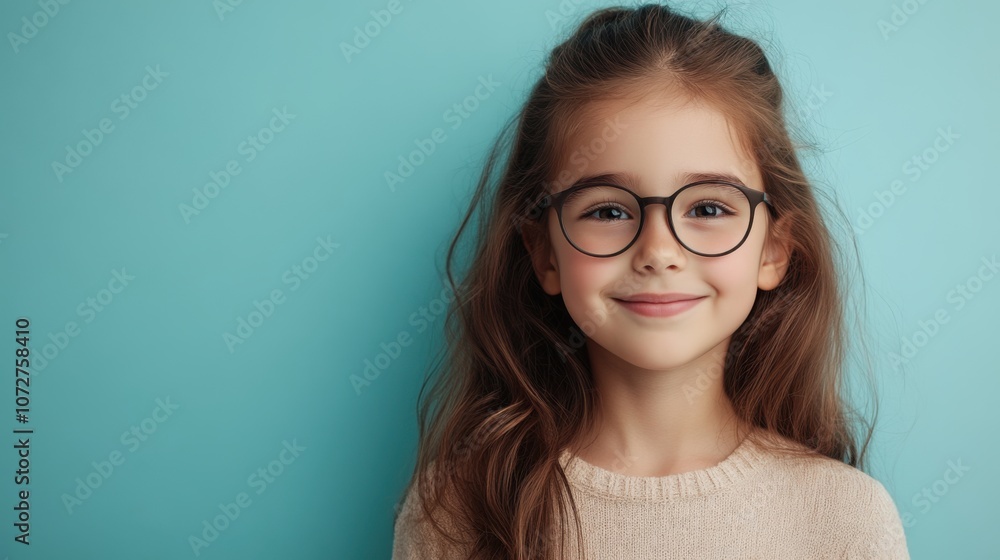 Young Girl with Glasses Smiling against a Blue Background Young Girl with Glasses Smiling against a Blue Background