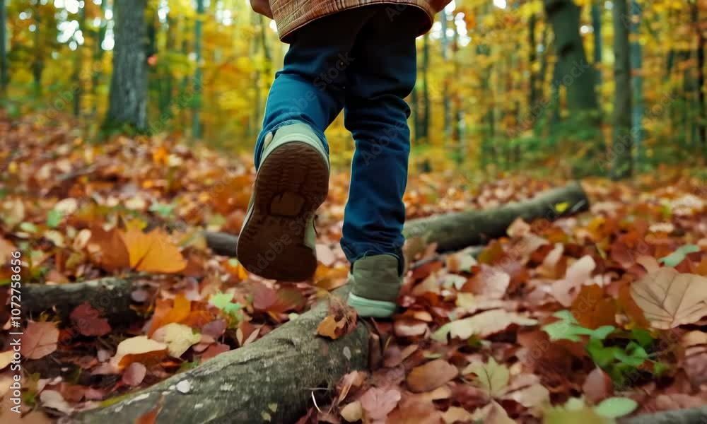 Boy walking in the forest, close up view on legs. hiking in autumn park Boy walking in the forest, close up view on legs. hiking in autumn park