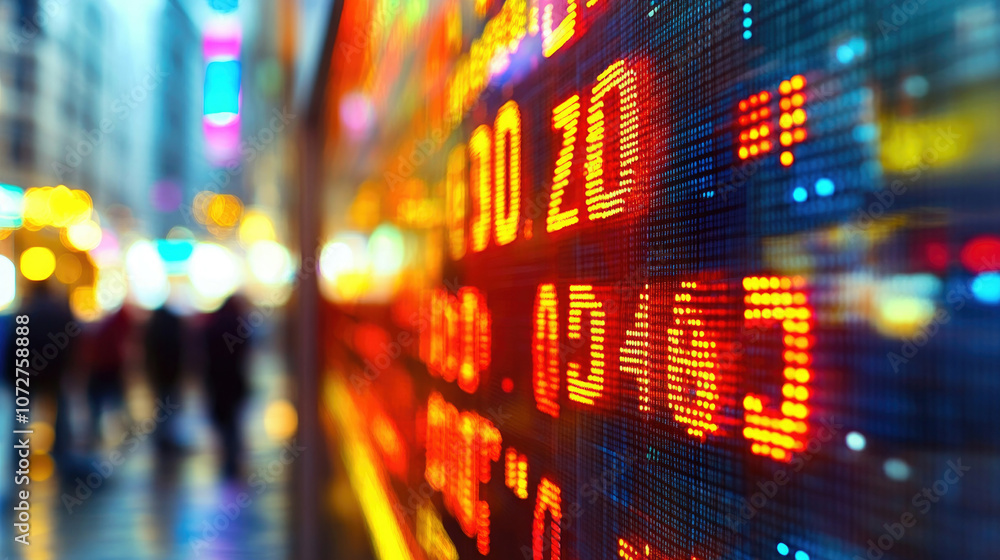 Fototapeta premium Stock market data. Table of digital data displayed on large screen with lights and blurred background