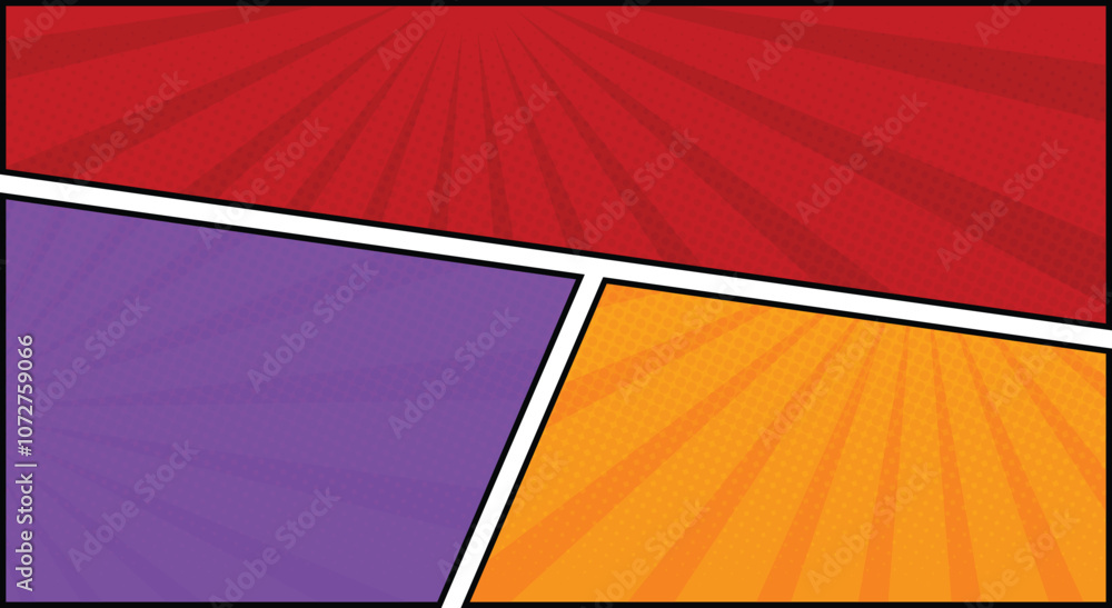 Fototapeta premium comic book frame panel colorful background with spiral rays and halftone dots