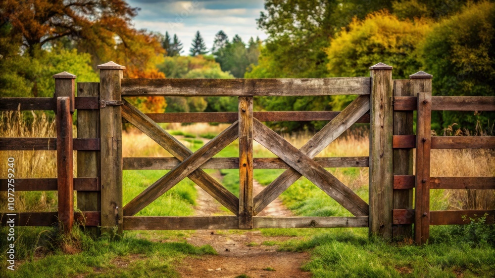 A weathered wooden gate with a rustic charm leading to a pathway surrounded by vibrant greenery, creating a picturesque scene of rural tranquility. A weathered wooden gate with a rustic charm leading to a pathway surrounded by vibrant greenery, creating a picturesque scene of rural tranquility.