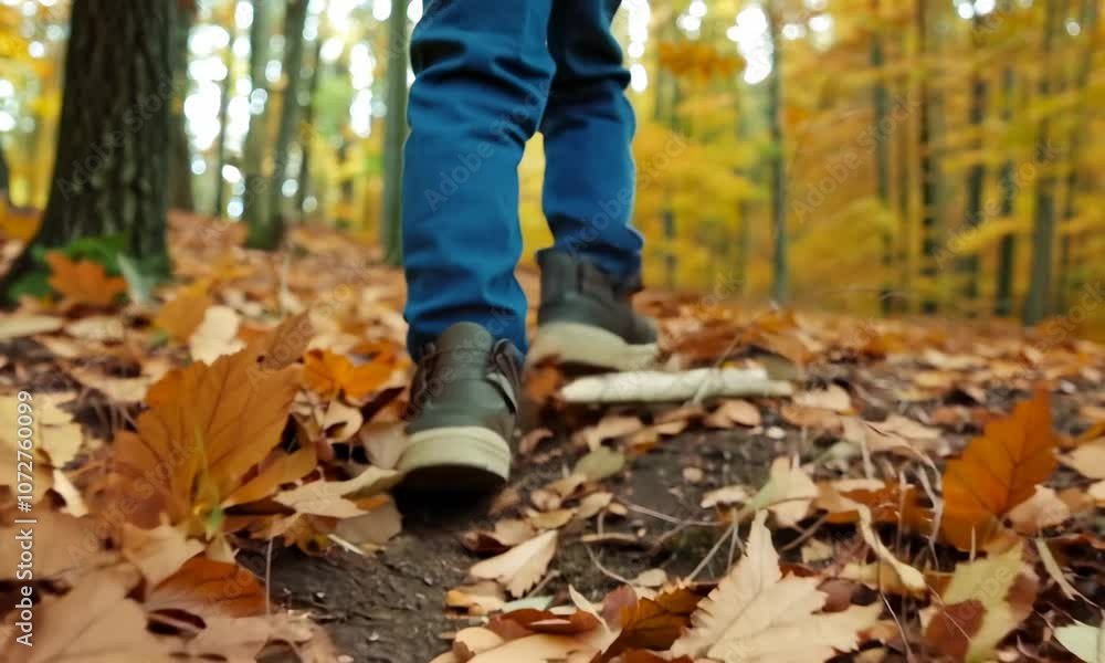 Boy walking in the forest, close up view on legs. hiking in autumn park Boy walking in the forest, close up view on legs. hiking in autumn park