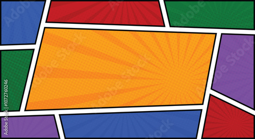 comic book frame panel colorful background with spiral rays and halftone dots