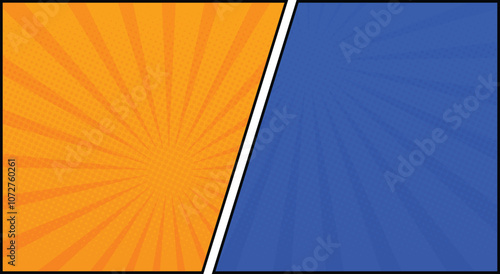 comic book frame panel colorful background with spiral rays and halftone dots