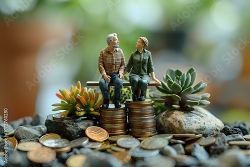 Miniature elderly couple standing on stacks of coins surrounded by small succulents, symbolizing retirement, savings, and sustainable financial growth. Ideal for themes of investment, financial photo